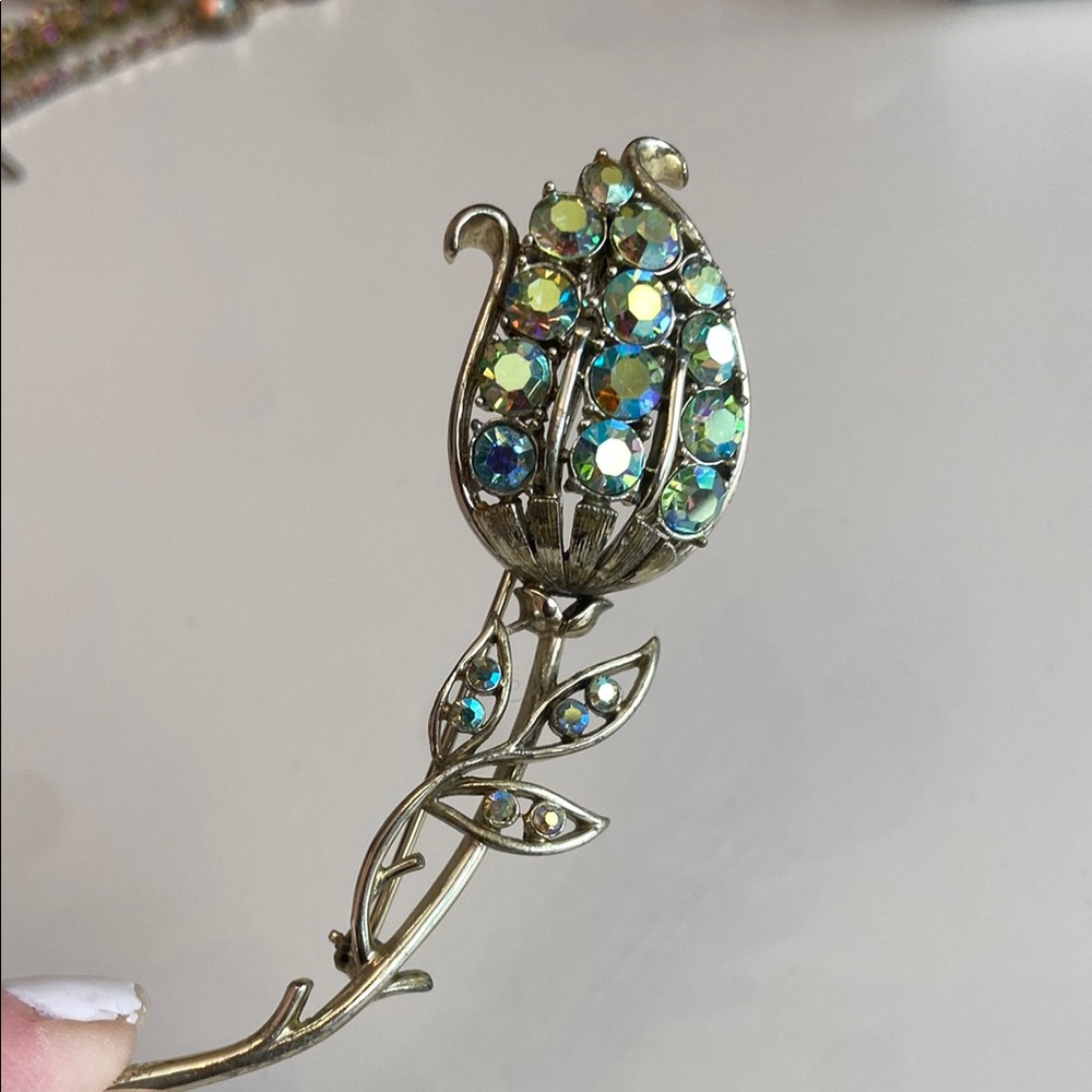 Gold and green AB flower pin